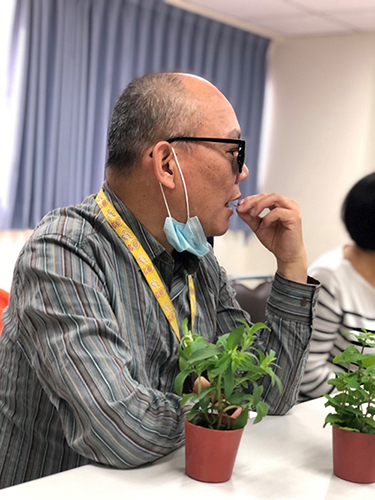 善用各種感官認識植物，講師準備多種盆栽讓學員們摸摸看、聞聞看、嚐嚐看。